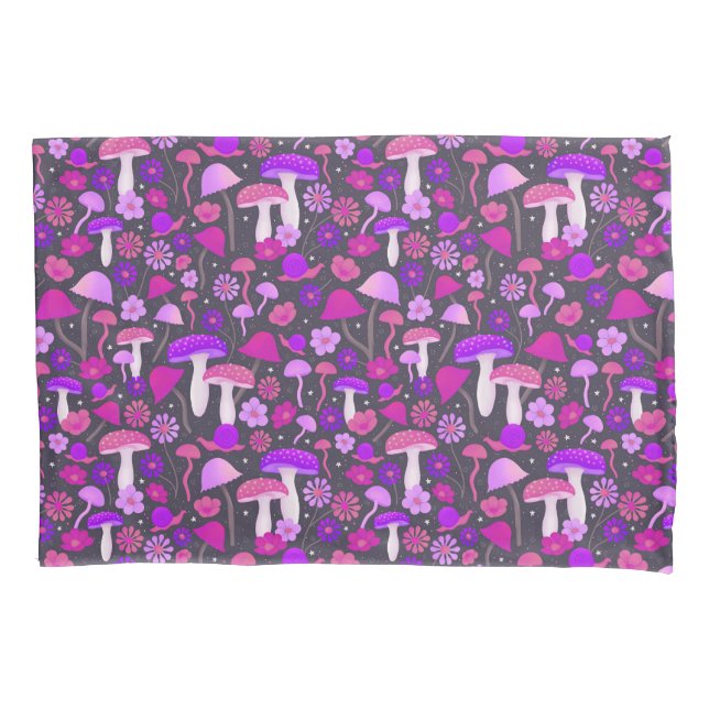 Floral Mushrooms Vibrant Pink, Purple & Black Pillow Case (Front)