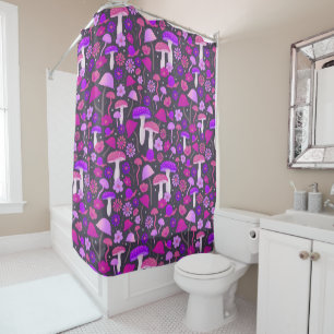 Floral Mushrooms Vibrant Pink, Purple & Black Shower Curtain