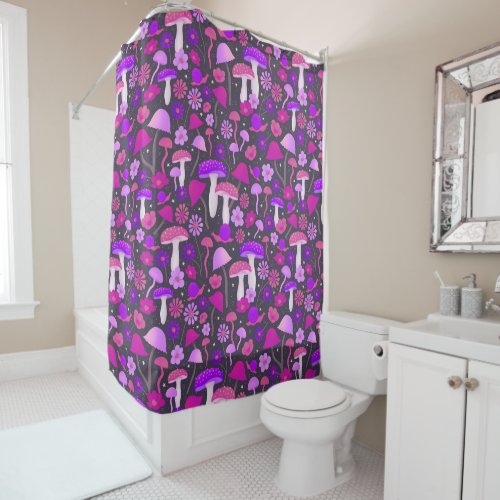 Floral Mushrooms Vibrant Pink Purple  Black Shower Curtain