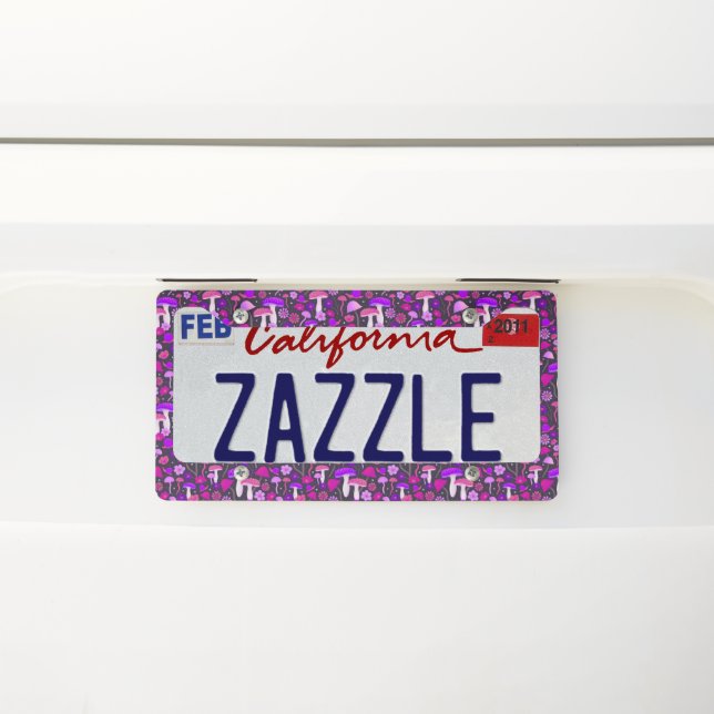 Floral Mushrooms Vibrant Purple, Pink, & Black License Plate Frame (On Car)