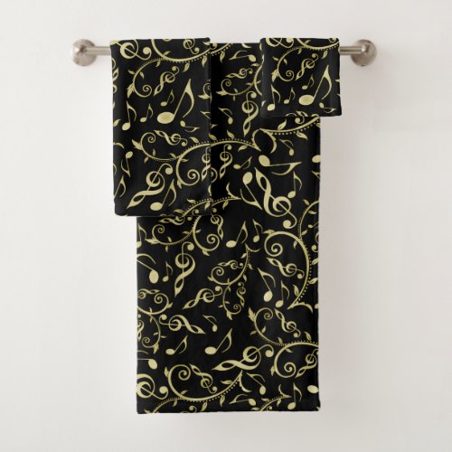 Floral Music Notes Pattern In Gold On Black Bath Towel Set