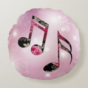 Floral Music Notes Pink Snowflakes Round Pillow