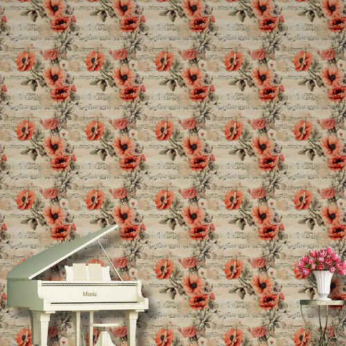 Floral Musical Notes Pattern Red Peel And Stick Wallpaper