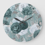 Floral, Muted Teal With Damask Design Wall Clock