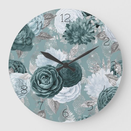 Floral Muted Teal With Damask Design Wall Clock