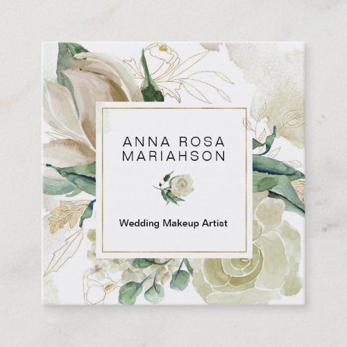  Floral Muted Watercolor Gold Outline Square Business Card