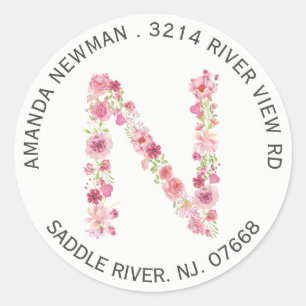 Floral N Initial Monogram Return Address Sticker