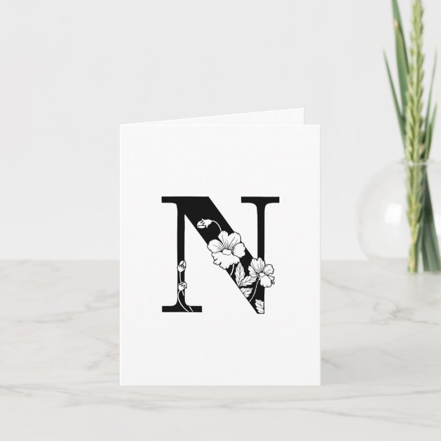 Floral N Monogram On White Note Card (Front)