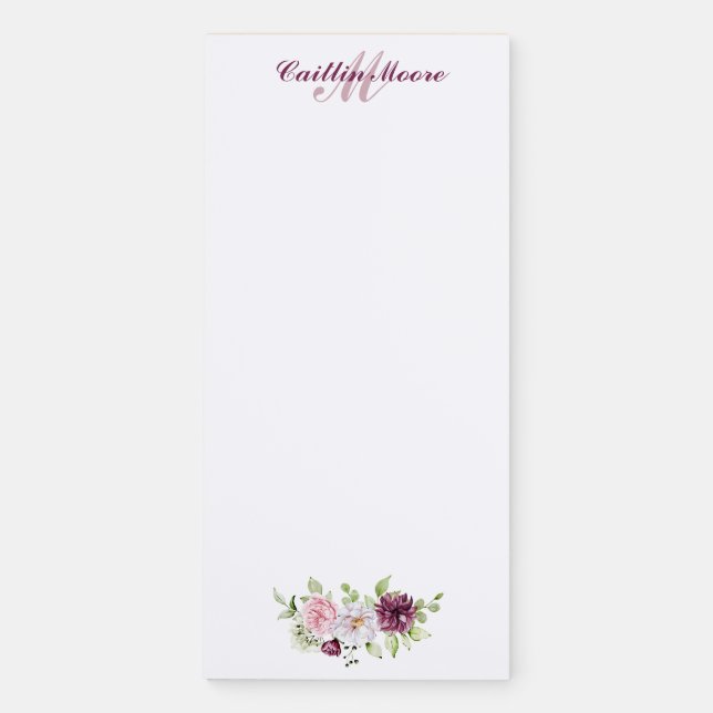 Floral Name & Initial Monogram Magnetic Notepad (Front)