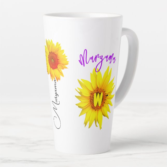 Floral Name & Monogram | Personalized Sunflower Latte Mug (Right Angle)