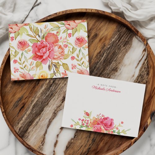 Floral Name  Pink Watercolor Flowers  Greenery Note Card