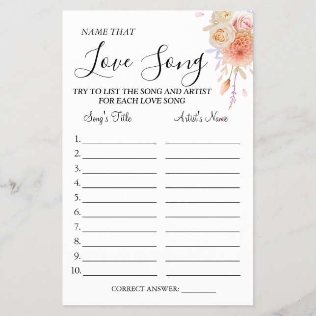 Floral Name that love song shower game card Flyer (Front)