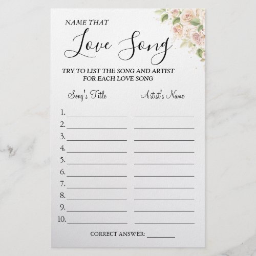 Floral Name that love song shower game card Flyer