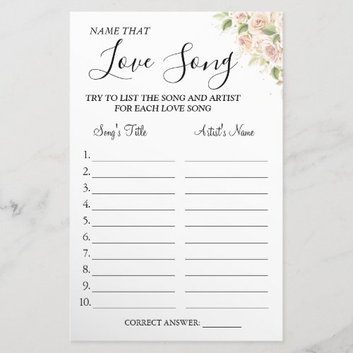 Floral Name that love song shower game card Flyer