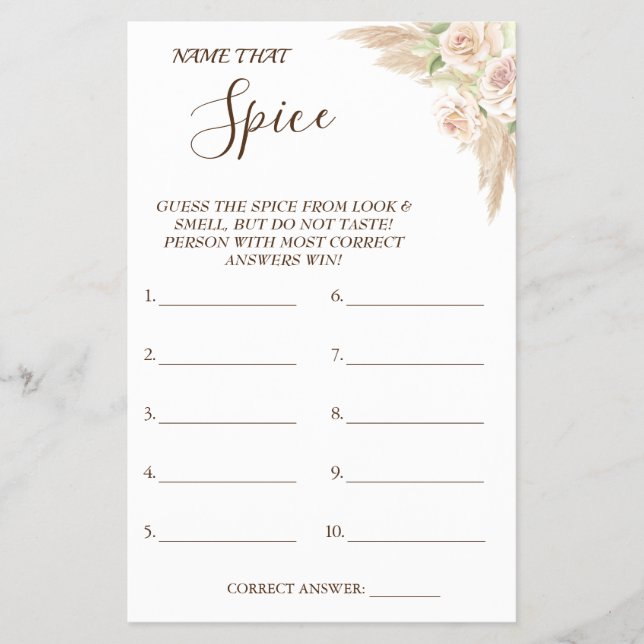 Floral Name that Spice Bridal shower game card Flyer (Front)