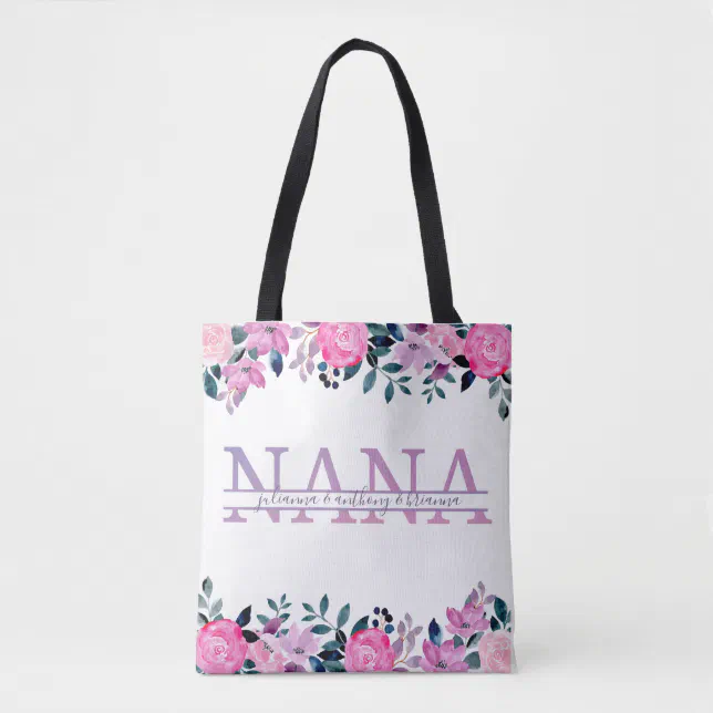 Floral Nana split Monogram with grandkids names Tote Bag | Zazzle