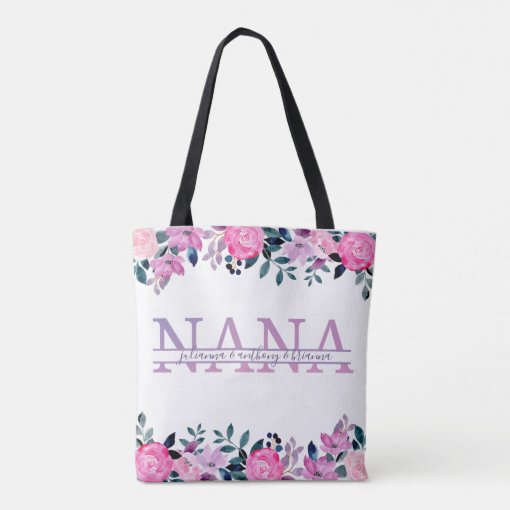 Floral Nana split Monogram with grandkids names Tote Bag | Zazzle