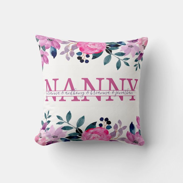 Floral Nanny split Monogram with grandkids names Throw Pillow (Front)