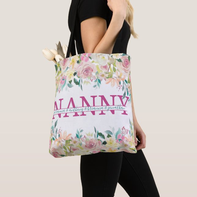 Floral Nanny split Monogram with grandkids names Tote Bag (Close Up)