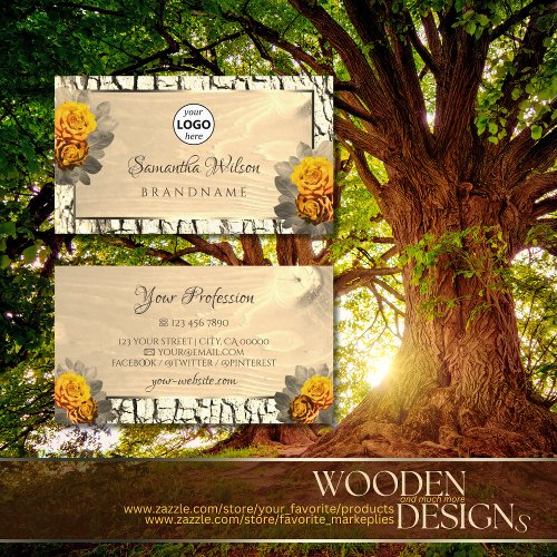 Floral Natural Light Brown Wood Tree Bark and Logo Business Card