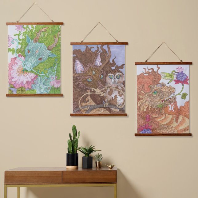 Floral Nature Dragon Triptych Hanging Tapestry (Asymmetrical)
