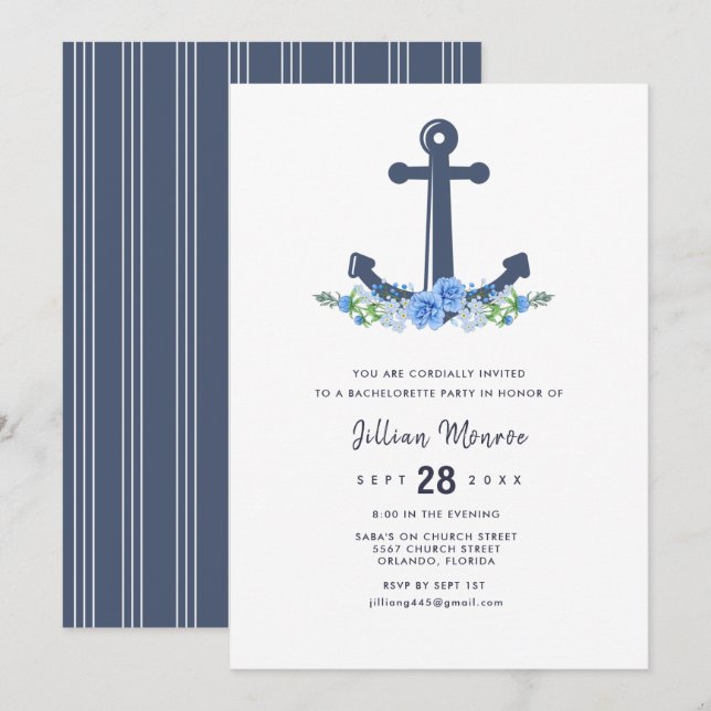 Floral Nautical Anchor Bachelorette Party Invitation (Front/Back)