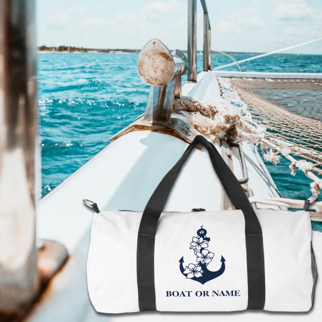 Floral Nautical Anchor Custom Boat Name White Duffle Bag (Creator Uploaded)