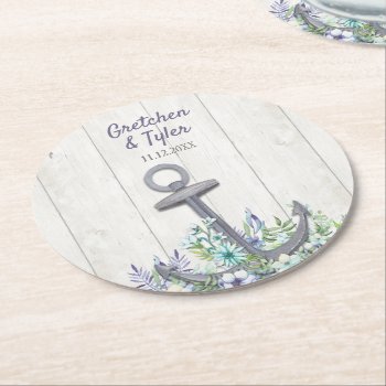 Floral Nautical Anchor Round Paper Coaster by starstreamdesign at Zazzle