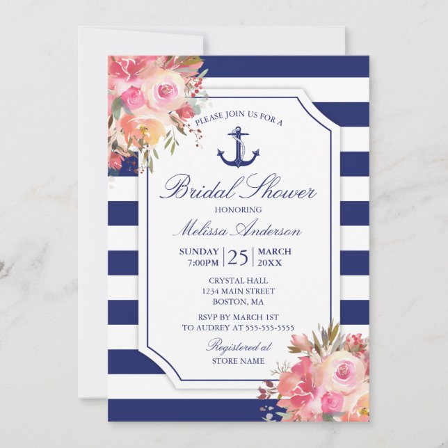 Floral Nautical Anchor Watercolor Bridal Shower Invitation (Front)