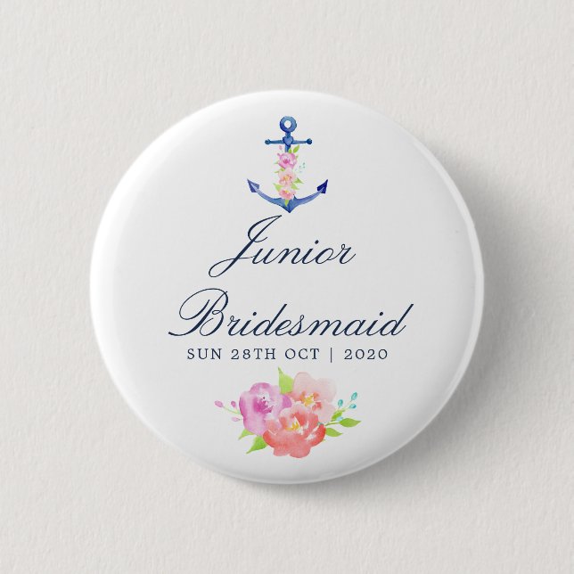 Floral Nautical Wedding Junior Bridesmaid Button (Front)