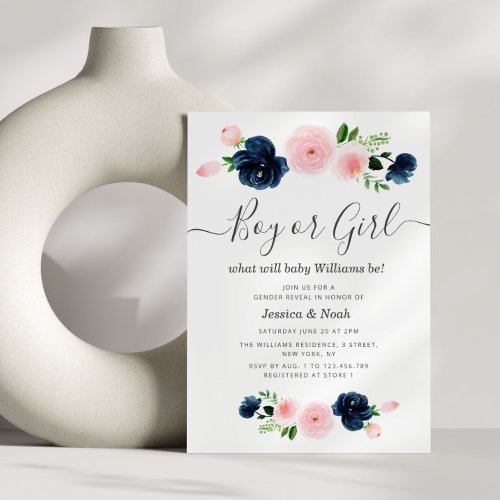 floral navy and blush baby gender reveal invitation