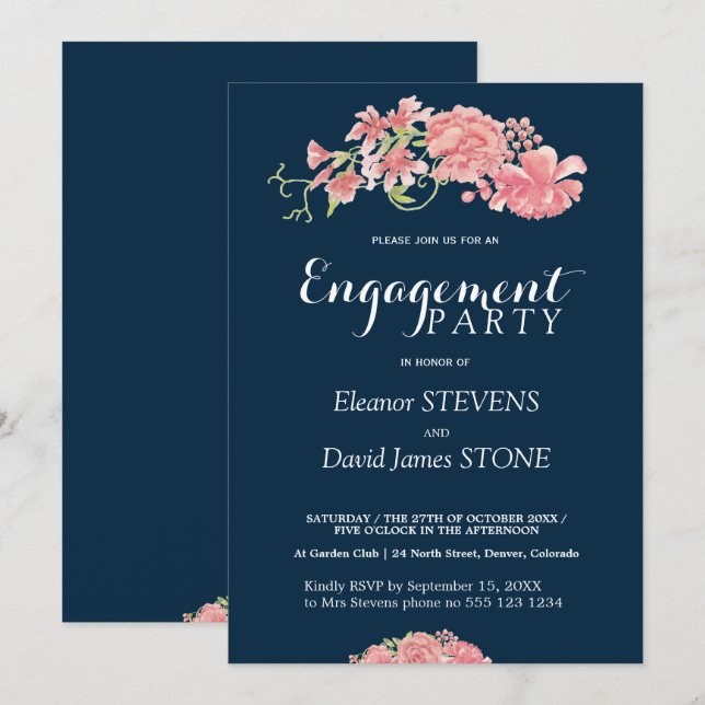 Floral navy and blush engagement party invite (Front/Back)