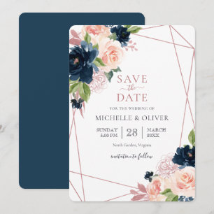 Floral Navy and Blush Geometric Save the Date Invi Invitation