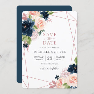 Floral Navy and Blush Geometric Save the Date Invi Invitation