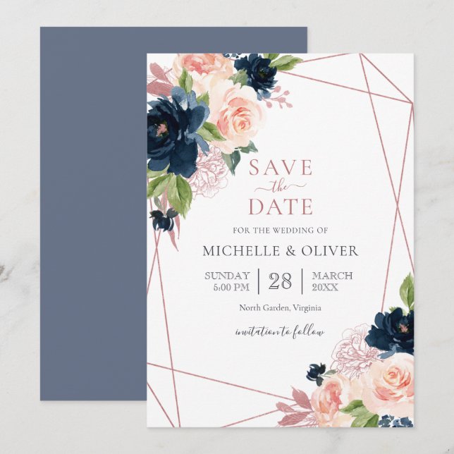 Floral Navy and Blush Geometric Save the Date Invitation (Front/Back)