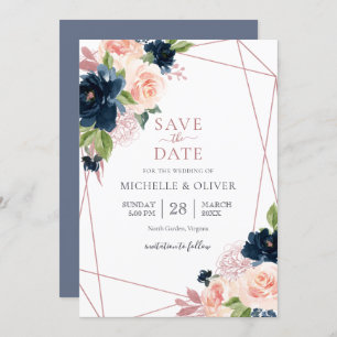 Floral Navy and Blush Geometric Save the Date Invitation