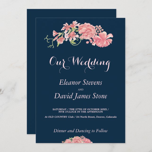 Floral navy and blush wedding editable script invitation (Front/Back)