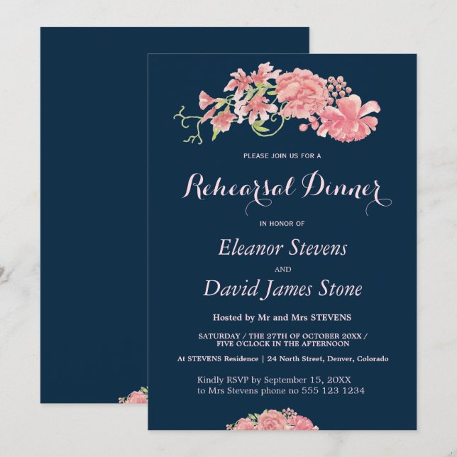 Floral navy and blush wedding rehearsal dinner invitation (Front/Back)