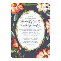 floral navy and gold vintage wedding card