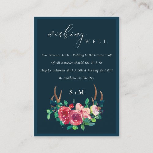 Floral Navy Antler Monogram Wedding Wishing Well Enclosure Card