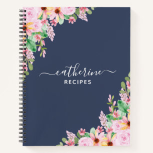 Floral Navy Blank own Cookbook Recipe To Write In  Notebook