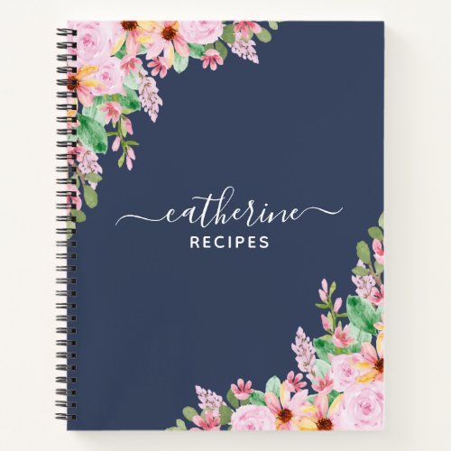 Floral Navy Blank own Cookbook Recipe To Write In  Notebook