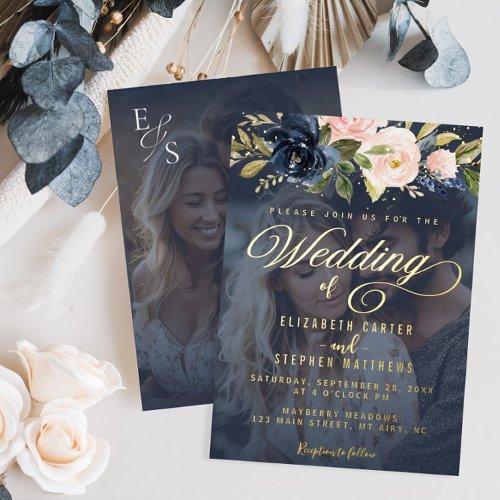 Floral Navy Blue and Blush Pink Photo Wedding Foil Invitation