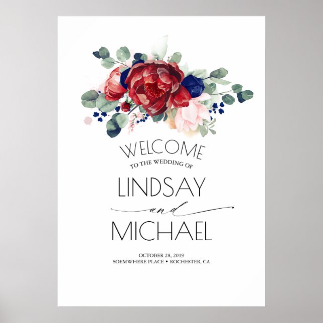 Floral Navy Blue and Burgundy Red Wedding Poster (Front)