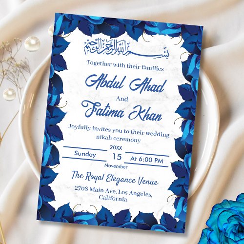 Floral Navy Blue and White Marble Muslim Wedding  Invitation