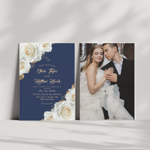 Floral Navy Blue and White Roses Wedding Invitation