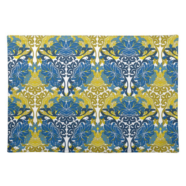 Floral Navy Blue and Yellow pattern Cloth Placemat (Front)