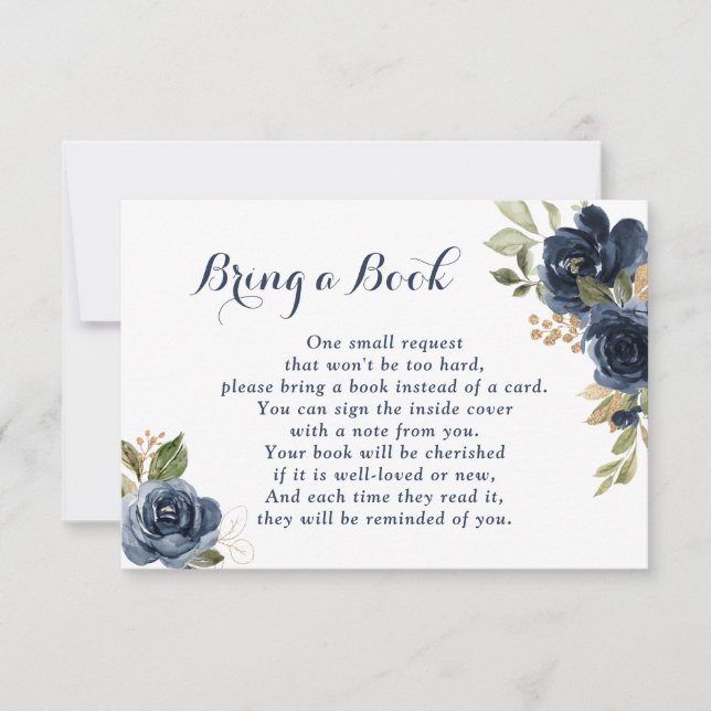 Floral Navy Blue Baby Shower Bring a Book RSVP Card (Front)