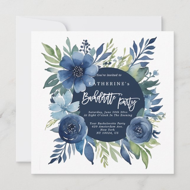 Floral Navy Blue Bachelorette Party Invitations (Front)