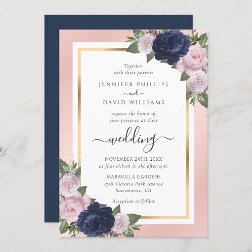 Floral Navy Blue Blush Gold Calligraphy Wedding Invitation